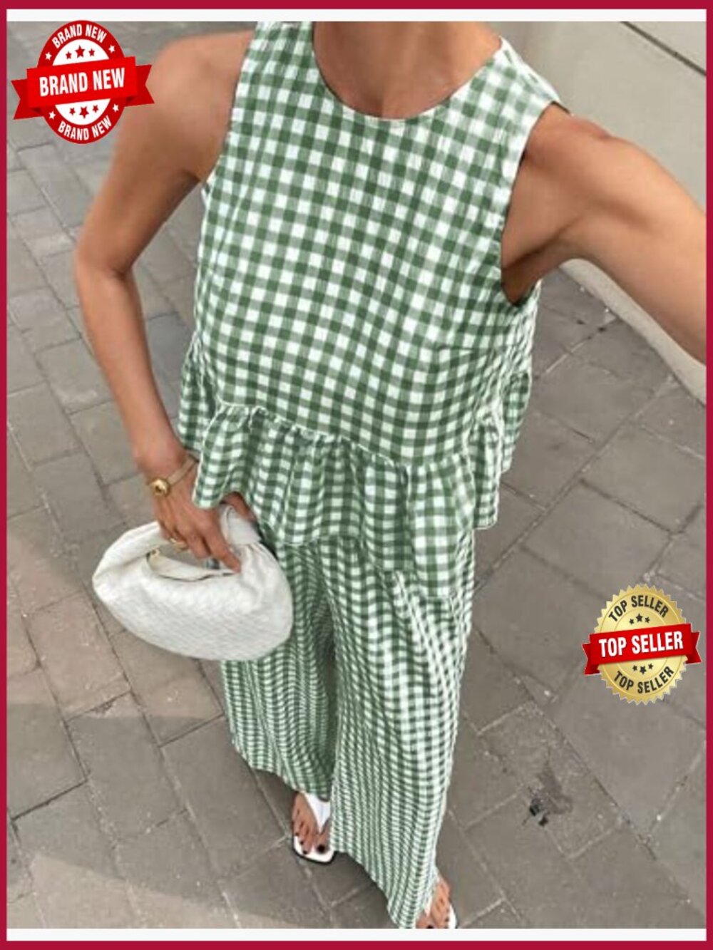 Gingham 2 Piece Lounge Set - Tank Top & Wide Leg Pants - Picture 3 of 7